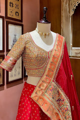 Red Banarasi Silk Woven Lehenga with Intricate Shikargah Weave Border