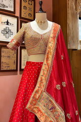 Red Banarasi Silk Woven Lehenga with Intricate Shikargah Weave Border