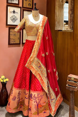 Red Banarasi Silk Woven Lehenga with Intricate Shikargah Weave Border