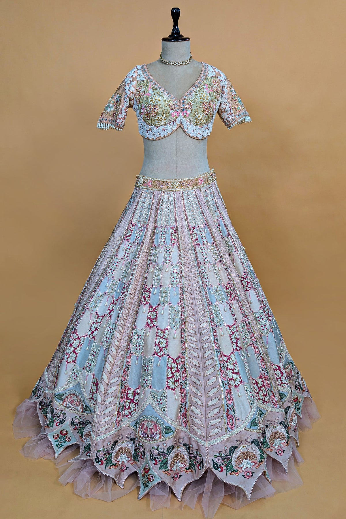 Multi Colored Silk Designer Beaded Worked Lehenga with Scalloped Hem Border - red silk saree