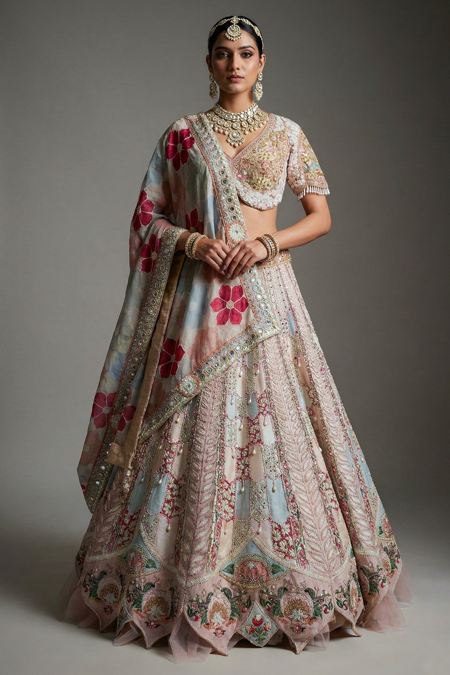 Multi Colored Silk Designer Beaded Worked Lehenga with Scalloped Hem Border - red silk saree Main image
