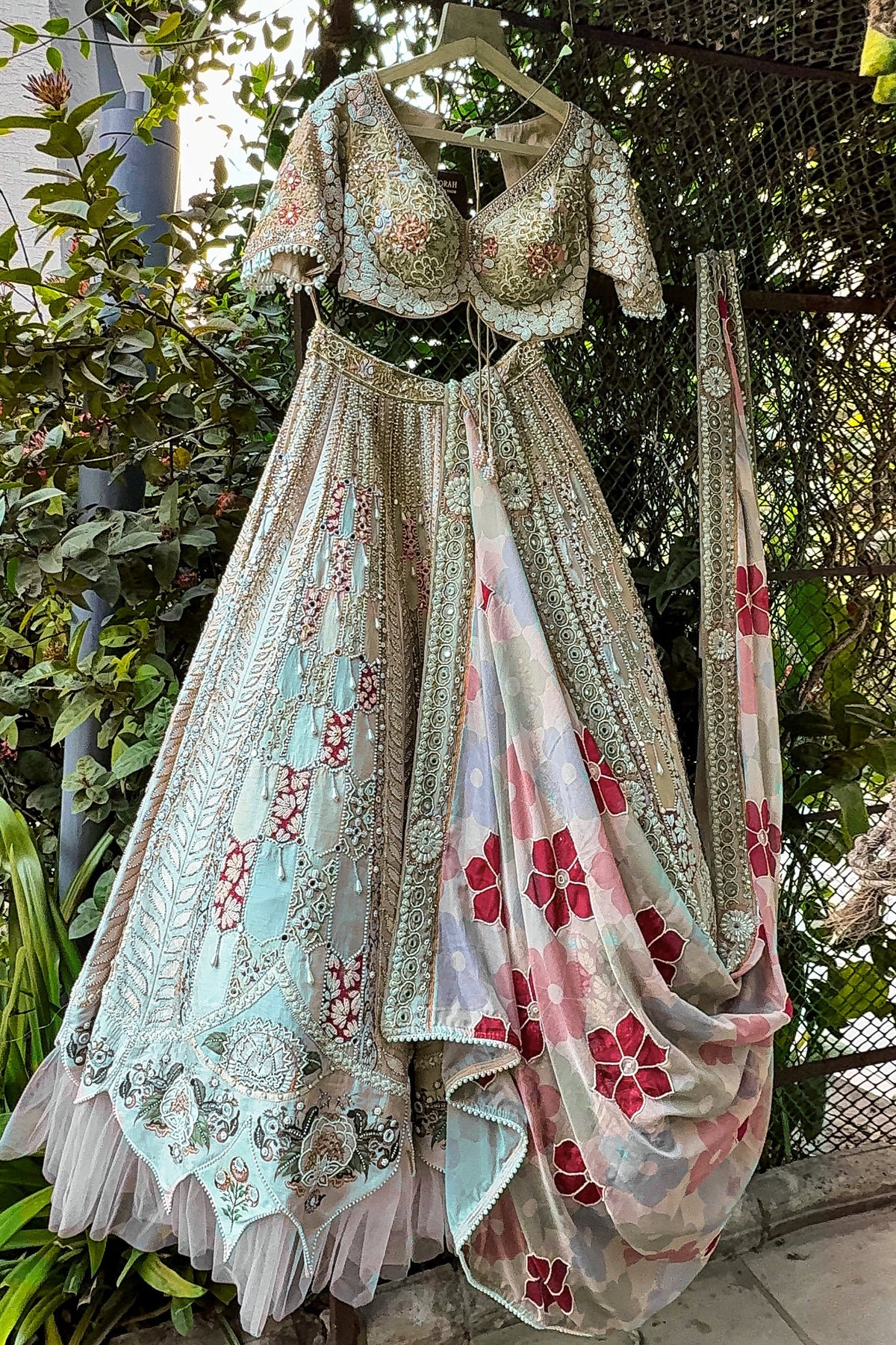 Multi Colored Silk Designer Beaded Worked Lehenga with Scalloped Hem Border - red silk saree