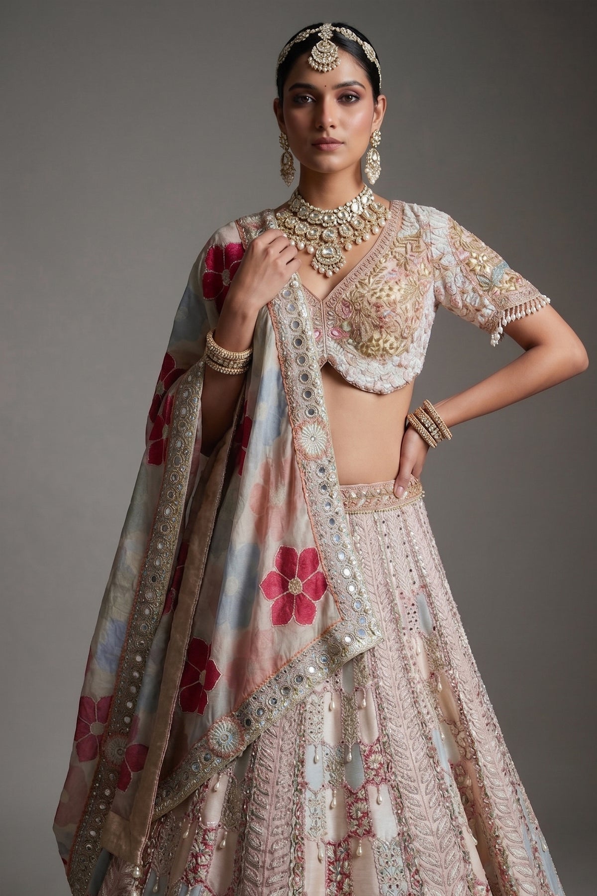 Multi Colored Silk Designer Beaded Worked Lehenga with Scalloped Hem Border - red silk saree