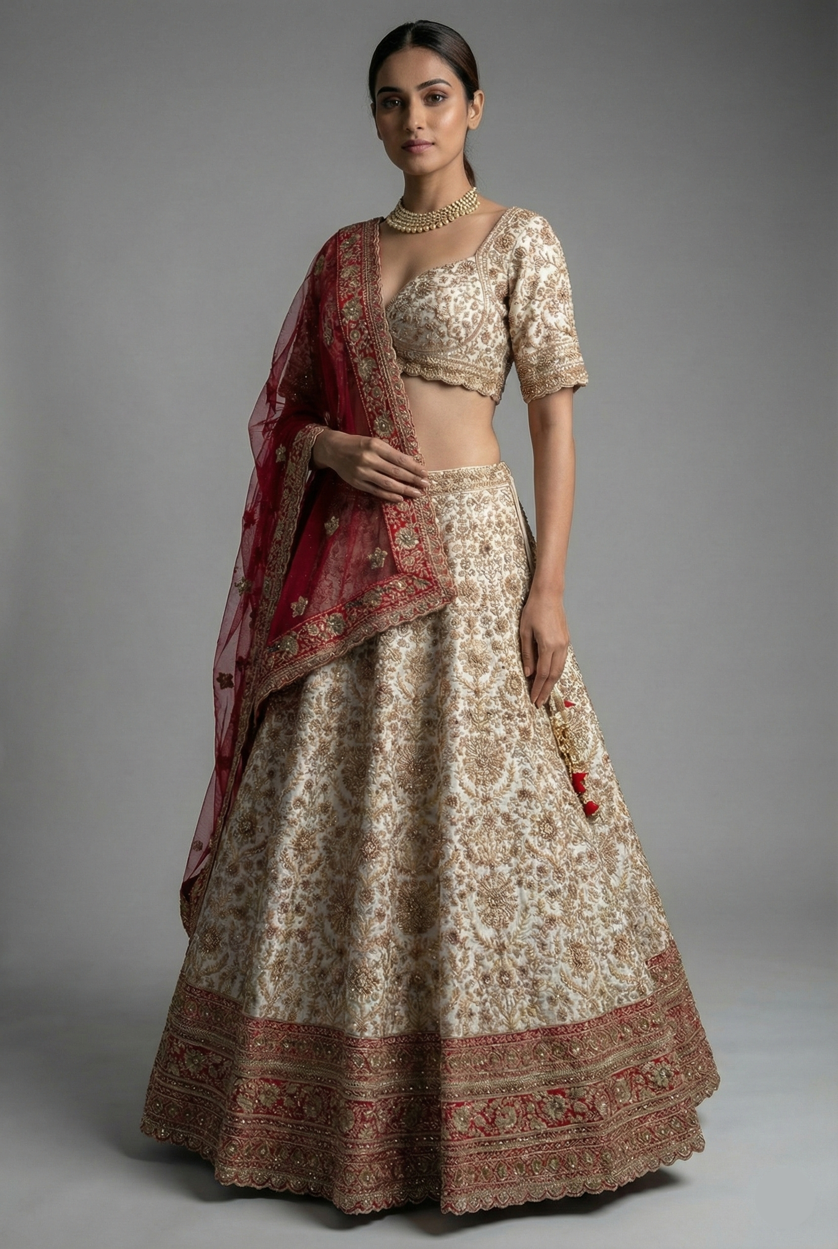 Cream Raw Silk Beaded and Zardosi Worked Lehenga - cream silk saree