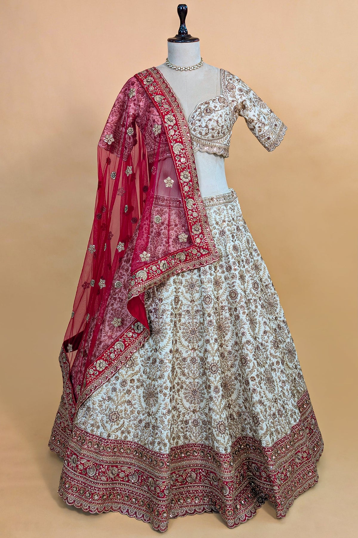 Cream Raw Silk Beaded and Zardosi Worked Lehenga