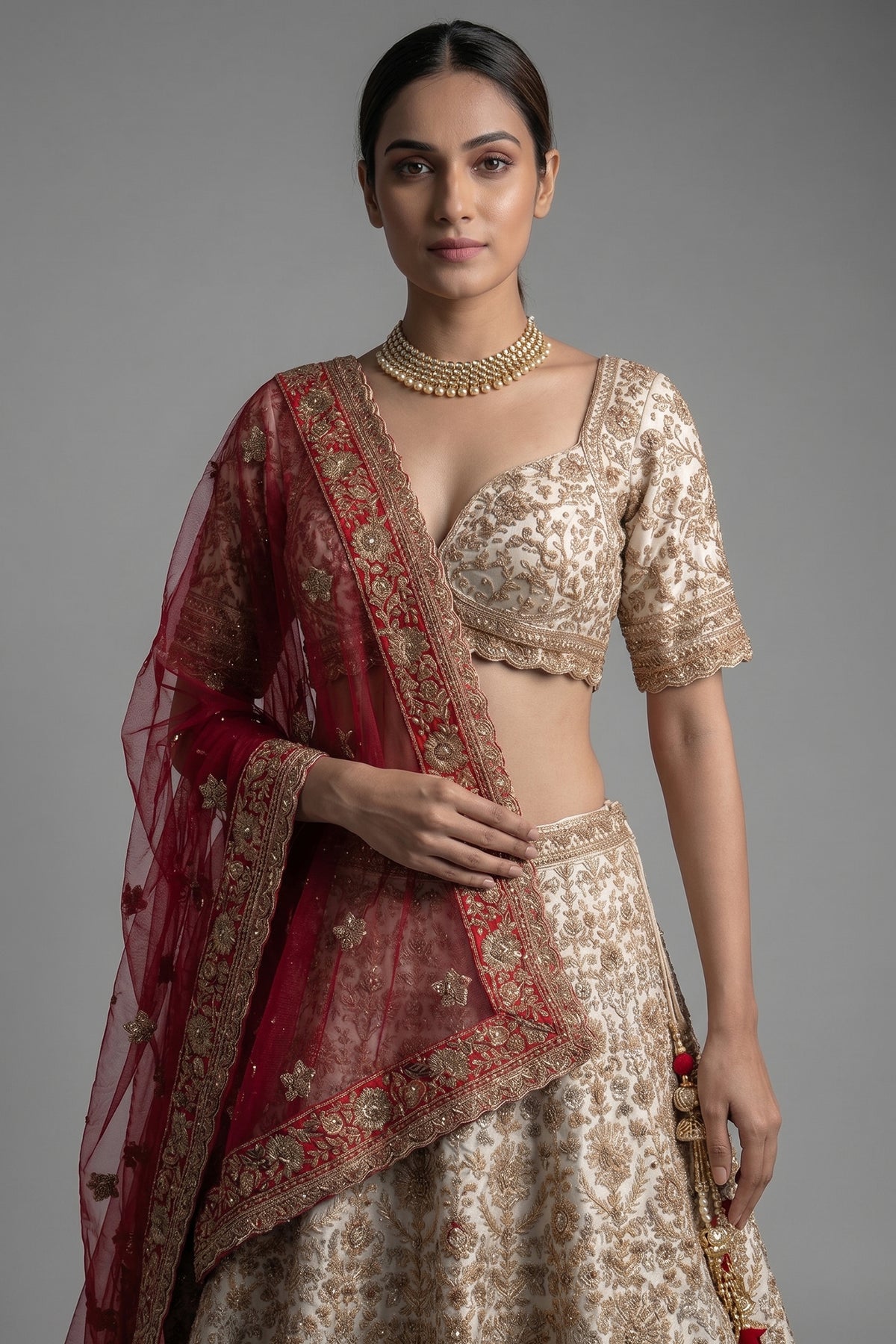 Cream Raw Silk Beaded and Zardosi Worked Lehenga - cream silk saree