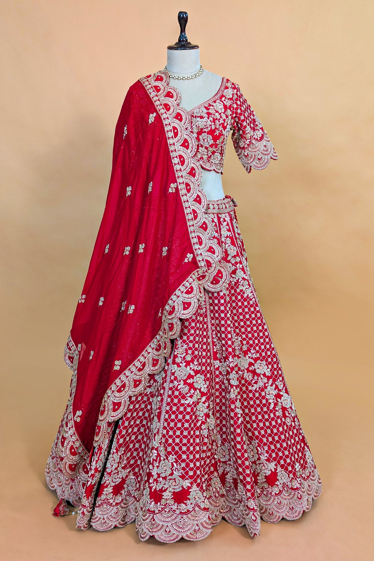 Red Raw Silk Floral Motif Sequin and Bead Worked Bridal Lehenga - red silk saree