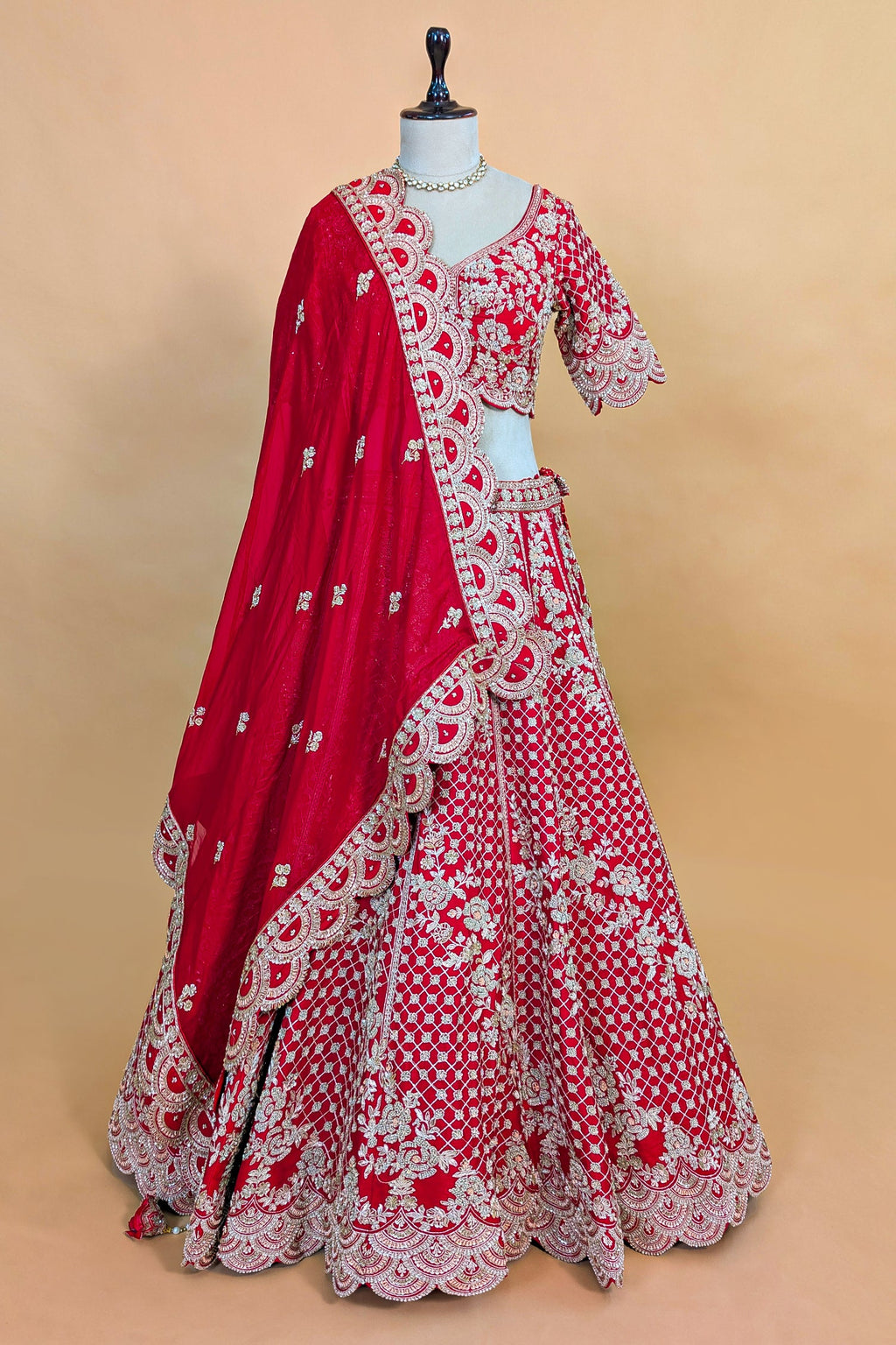 Red Raw Silk Floral Motif Sequin and Bead Worked Bridal Lehenga - red silk saree