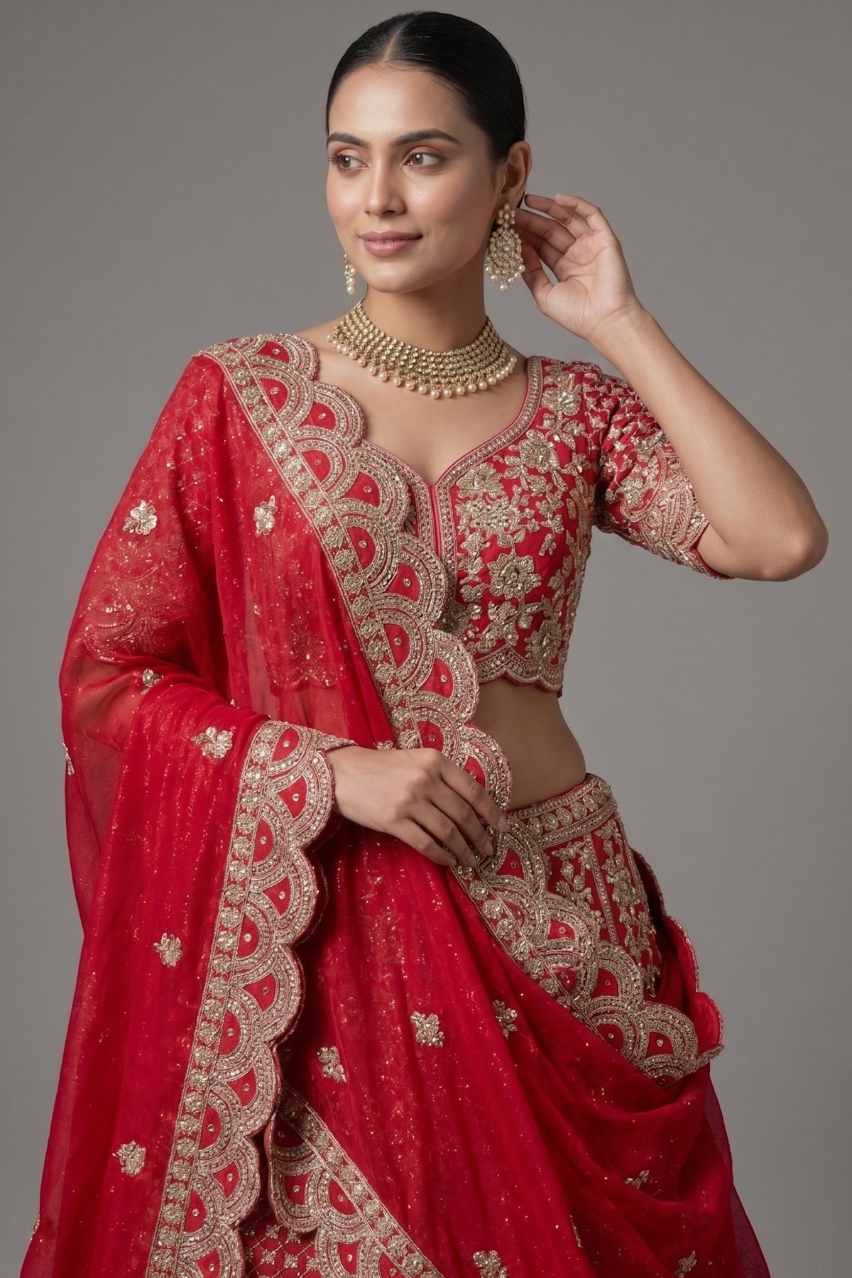 Red Raw Silk Floral Motif Sequin and Bead Worked Bridal Lehenga - red silk saree