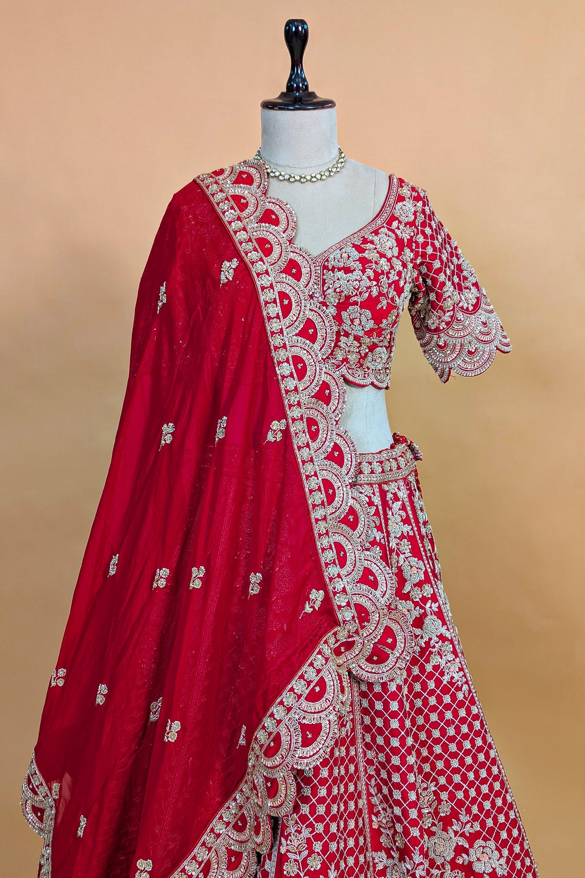 Red Raw Silk Floral Motif Sequin and Bead Worked Bridal Lehenga - red silk saree