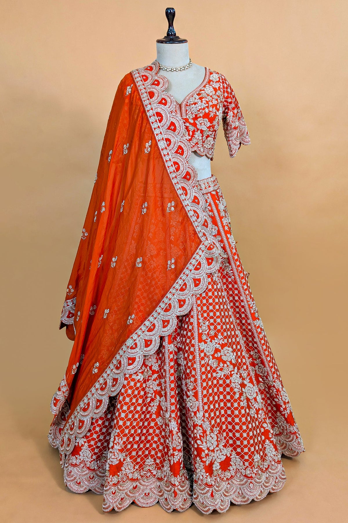 Orange Raw Silk Floral Motif Sequin and Bead Worked Bridal Lehenga - orange silk saree