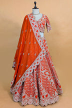 Orange Raw Silk Floral Motif Sequin and Bead Worked Bridal Lehenga - orange silk saree
