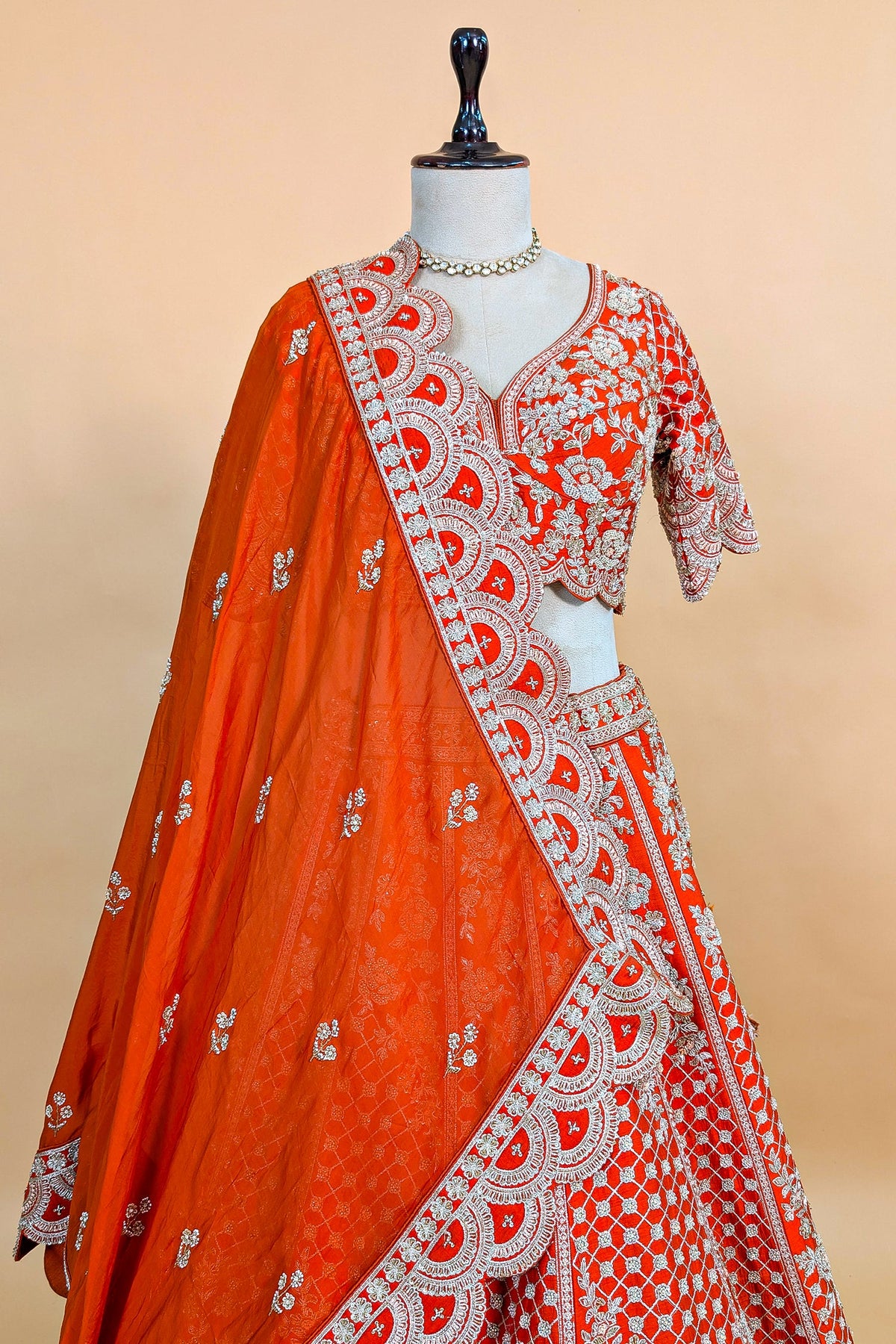 Orange Raw Silk Floral Motif Sequin and Bead Worked Bridal Lehenga - orange silk saree