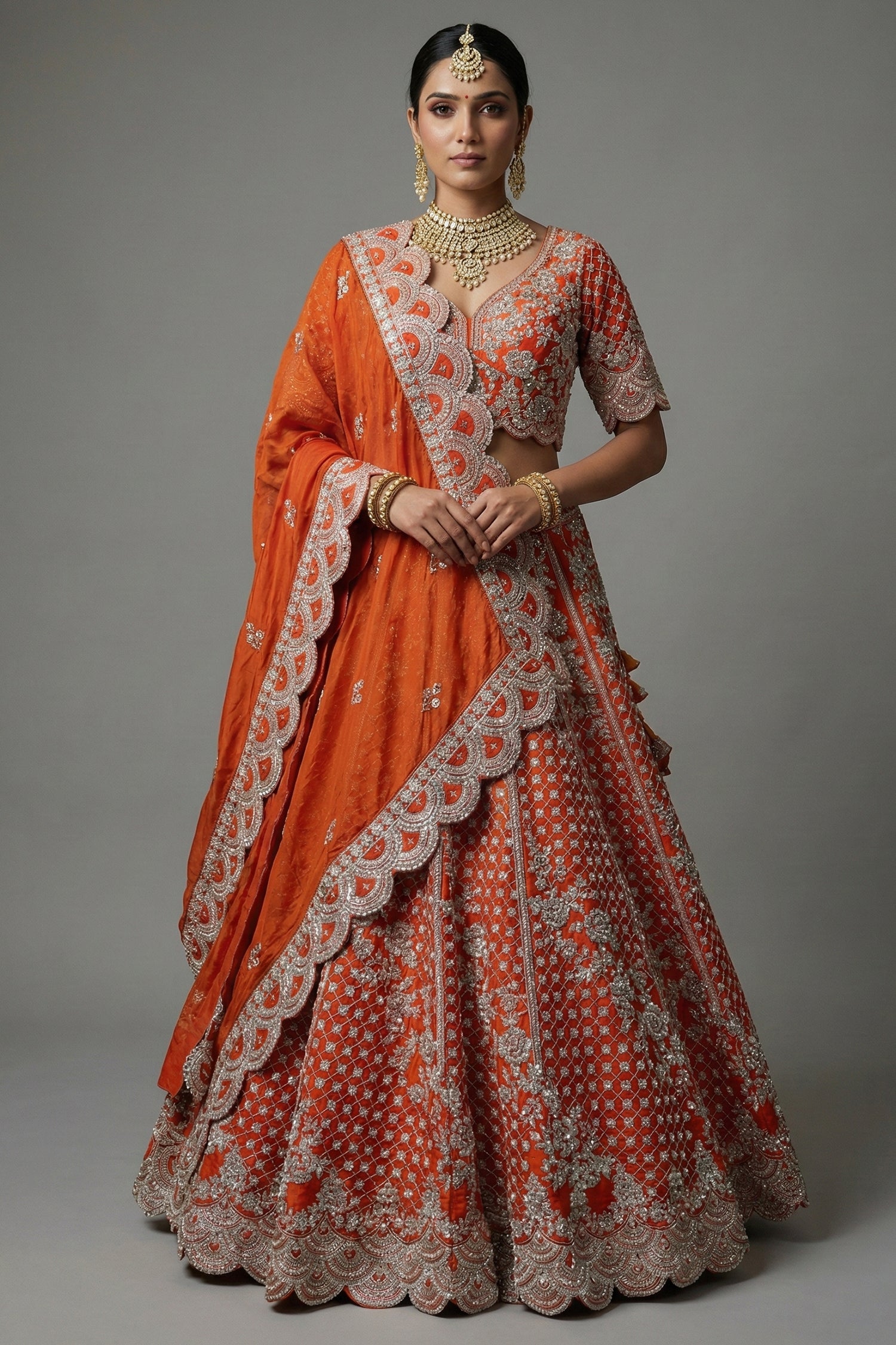 Orange Raw Silk Floral Motif Sequin and Bead Worked Bridal Lehenga - orange silk saree Main image