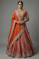 Orange Raw Silk Floral Motif Sequin and Bead Worked Bridal Lehenga
