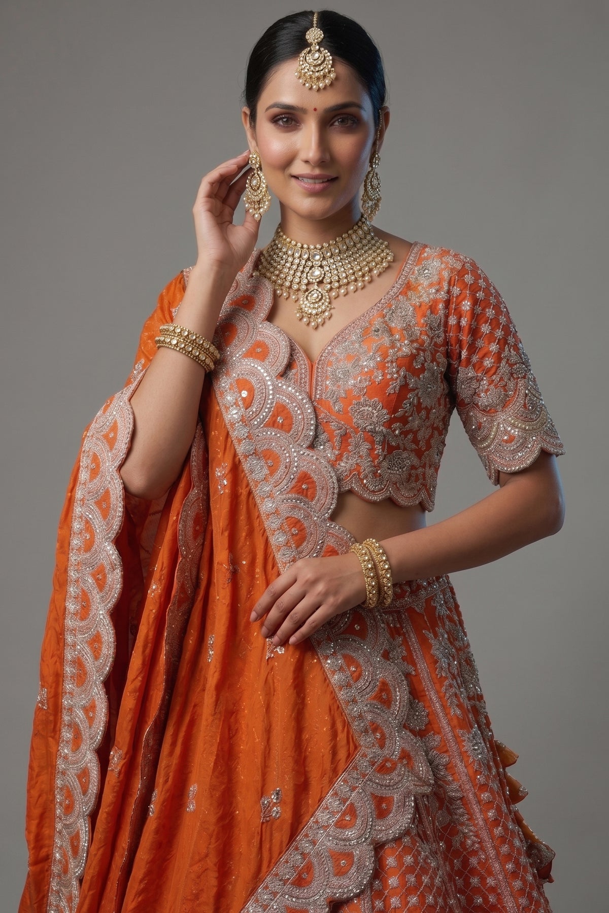 Orange Raw Silk Floral Motif Sequin and Bead Worked Bridal Lehenga - orange silk saree