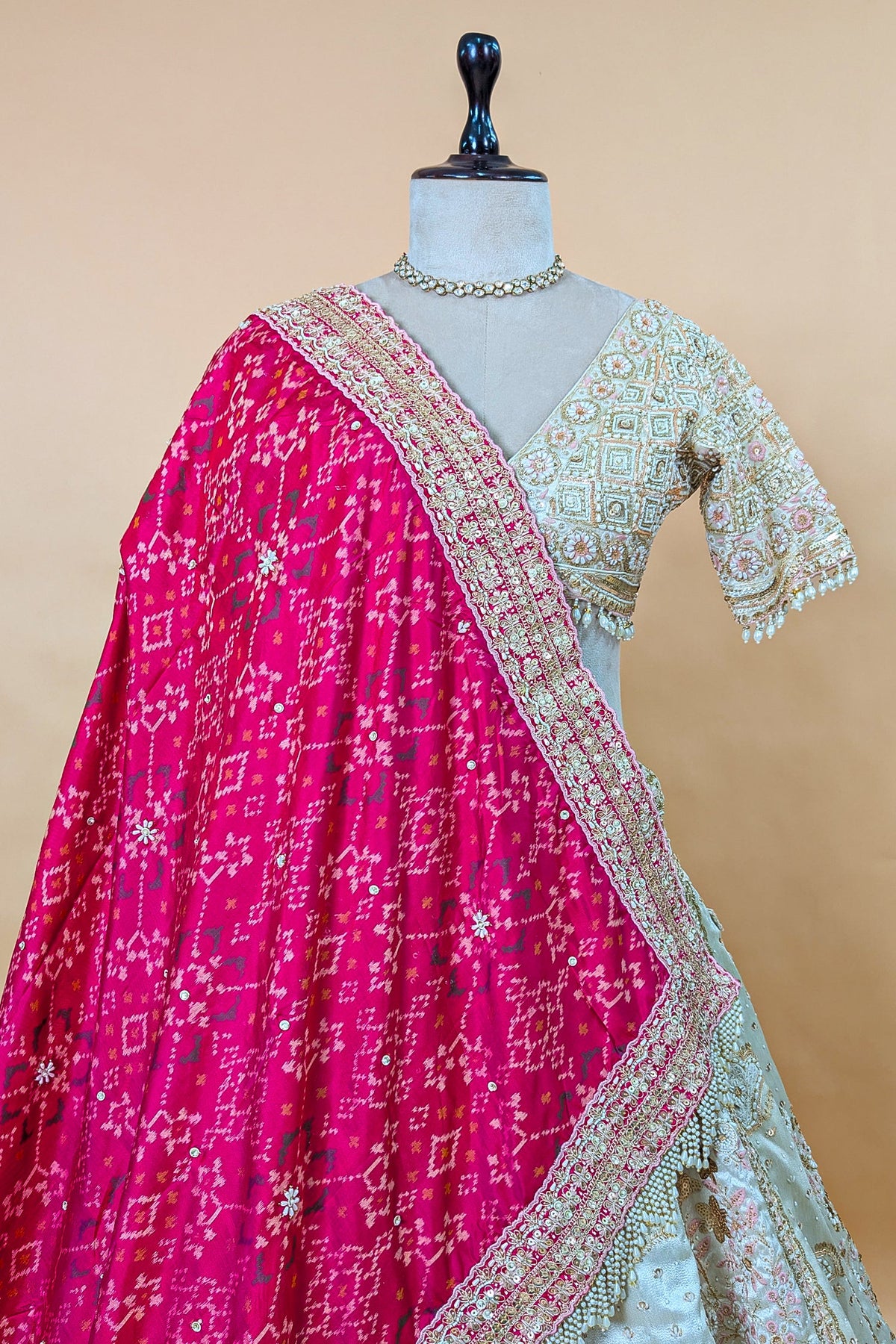 Ivory White Tissue Silk Handworked Bridal Lehenga with Double Dupatta - white silk saree