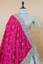 Ivory White Tissue Silk Handworked Bridal Lehenga with Double Dupatta - white silk saree