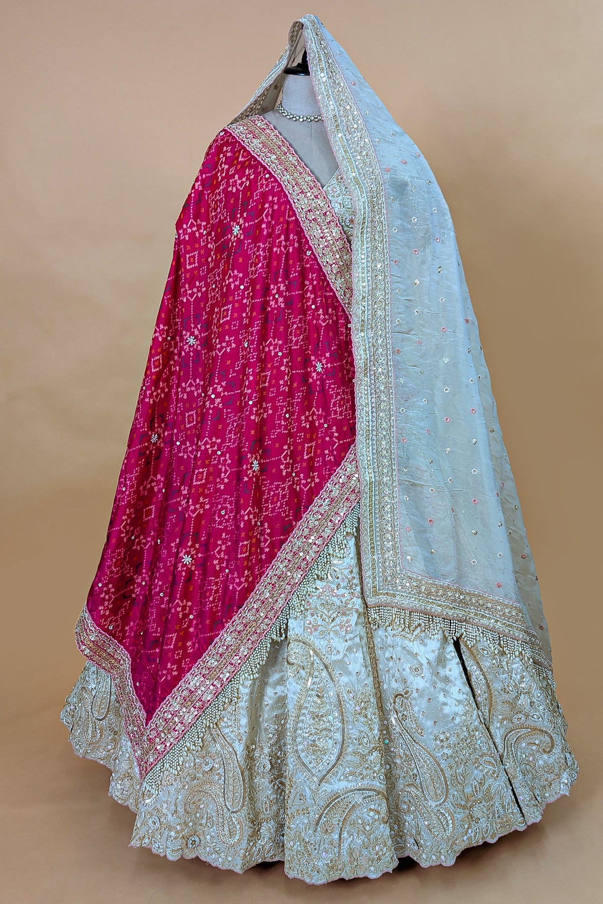 Ivory White Tissue Silk Handworked Bridal Lehenga with Double Dupatta - white silk saree