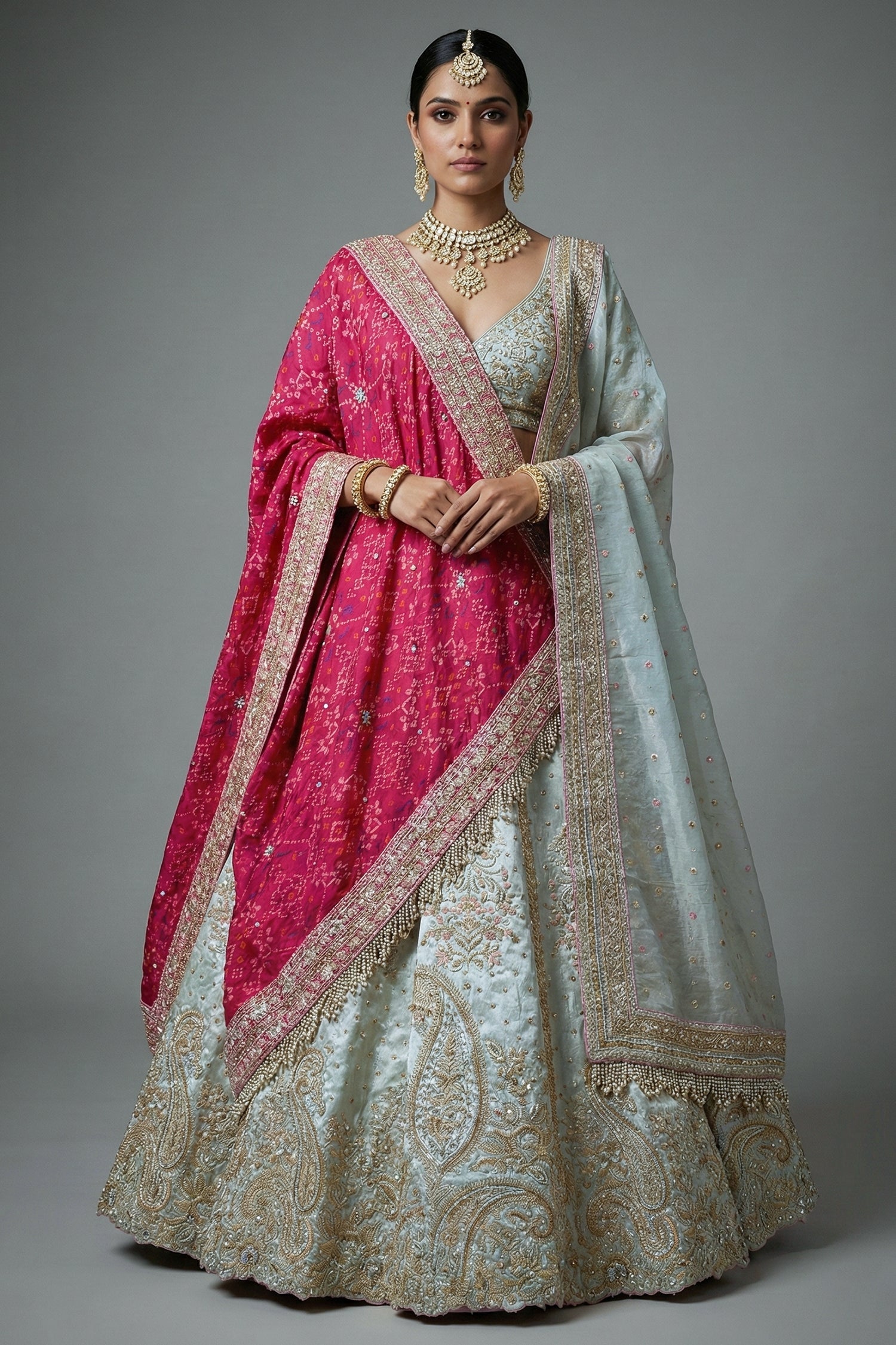 Ivory White Tissue Silk Handworked Bridal Lehenga with Double Dupatta - white silk saree