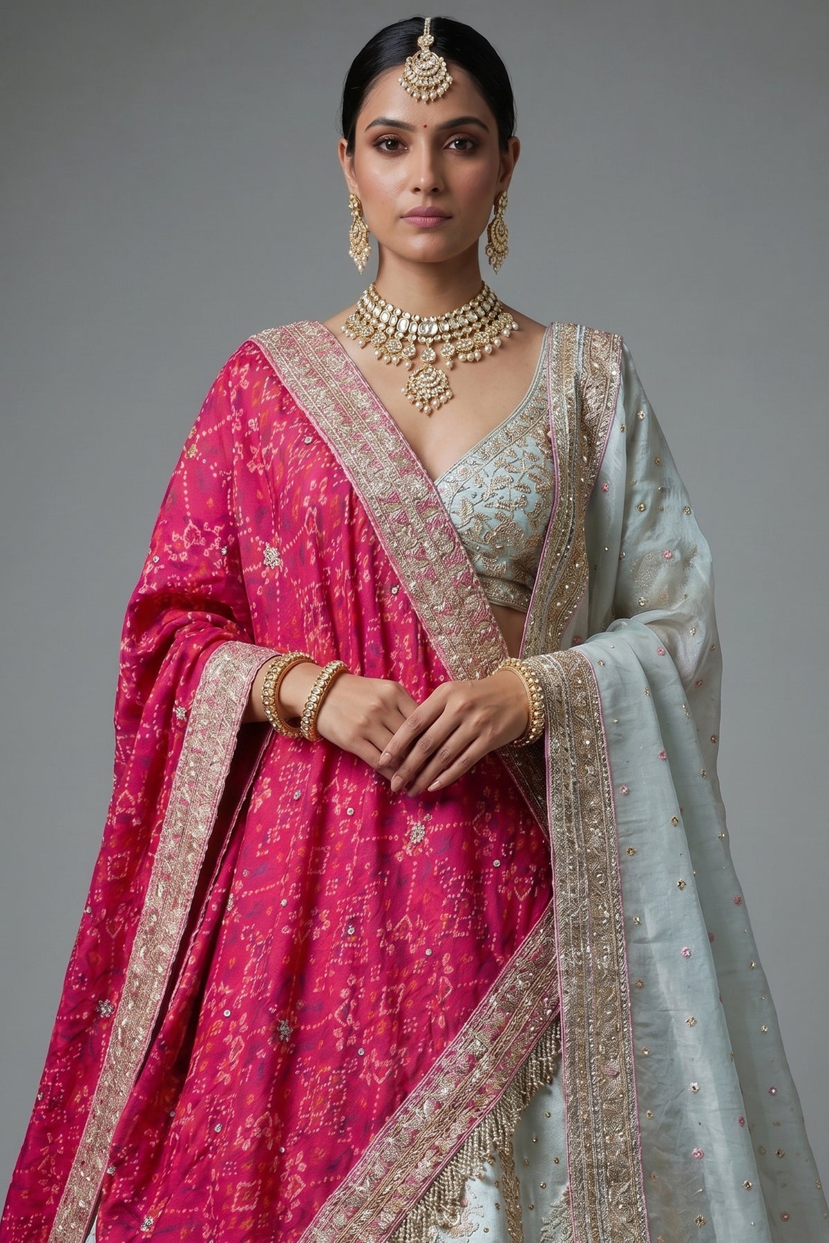 Ivory White Tissue Silk Handworked Bridal Lehenga with Double Dupatta - white silk saree
