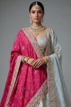 Ivory White Tissue Silk Handworked Bridal Lehenga with Double Dupatta - white silk saree