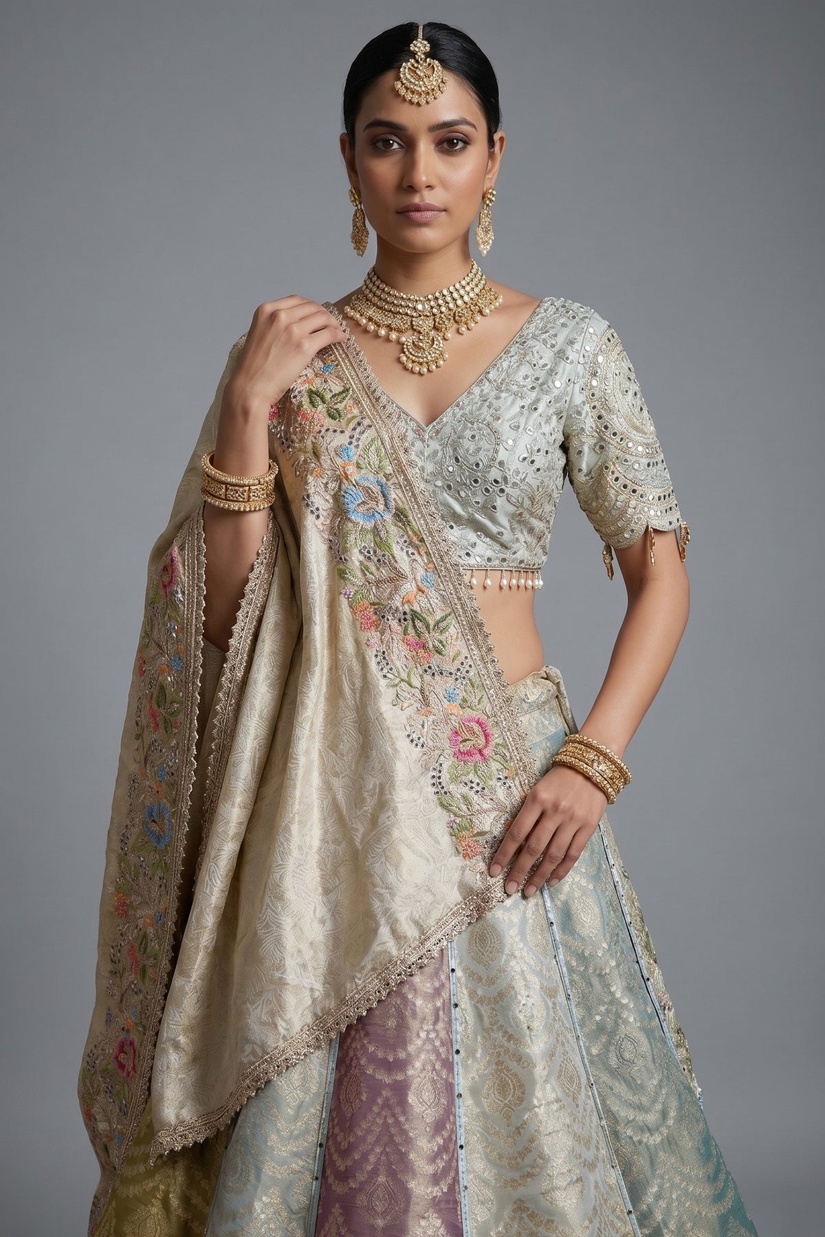 Multi Colored Tissue Silk Woven Lehenga - red silk saree