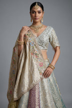 Multi Colored Tissue Silk Woven Lehenga - red silk saree