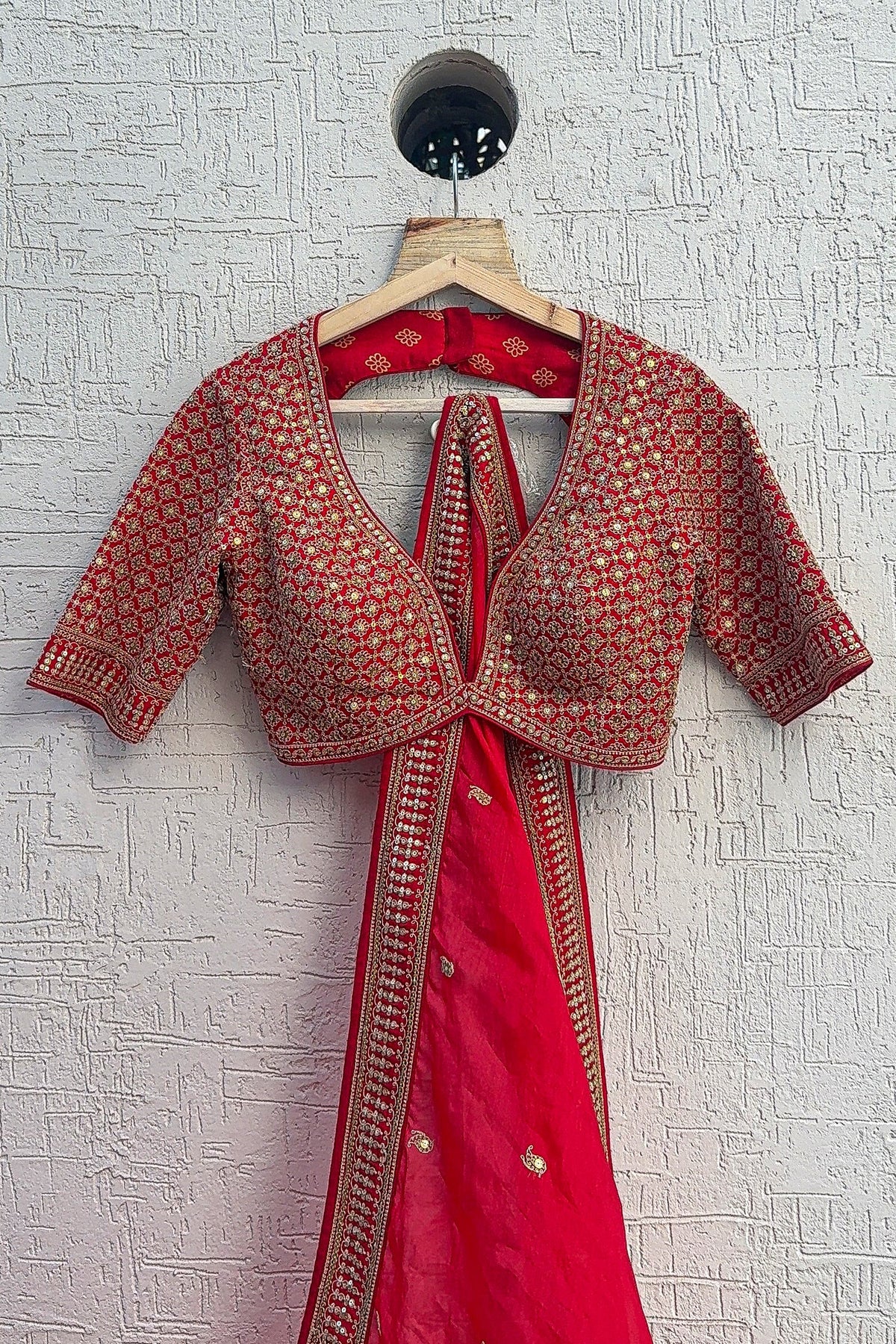 Red Silk Sequin Embroidered Bridal Lehenga - red silk saree embroidered