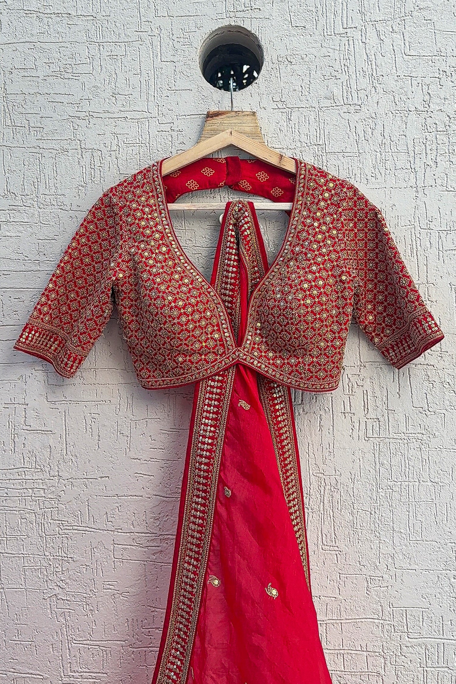 Red Silk Sequin Embroidered Bridal Lehenga - red silk saree embroidered