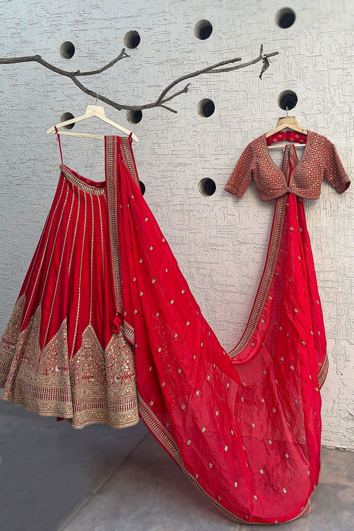 Red Silk Sequin Embroidered Bridal Lehenga - red silk saree embroidered