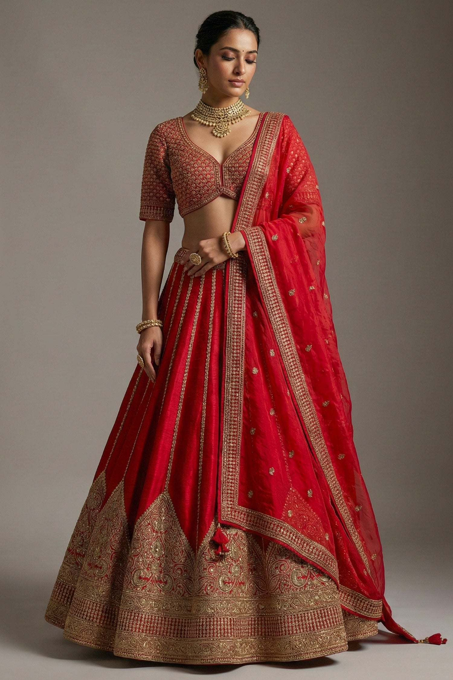 Red Silk Sequin Embroidered Bridal Lehenga - red silk saree embroidered Main image