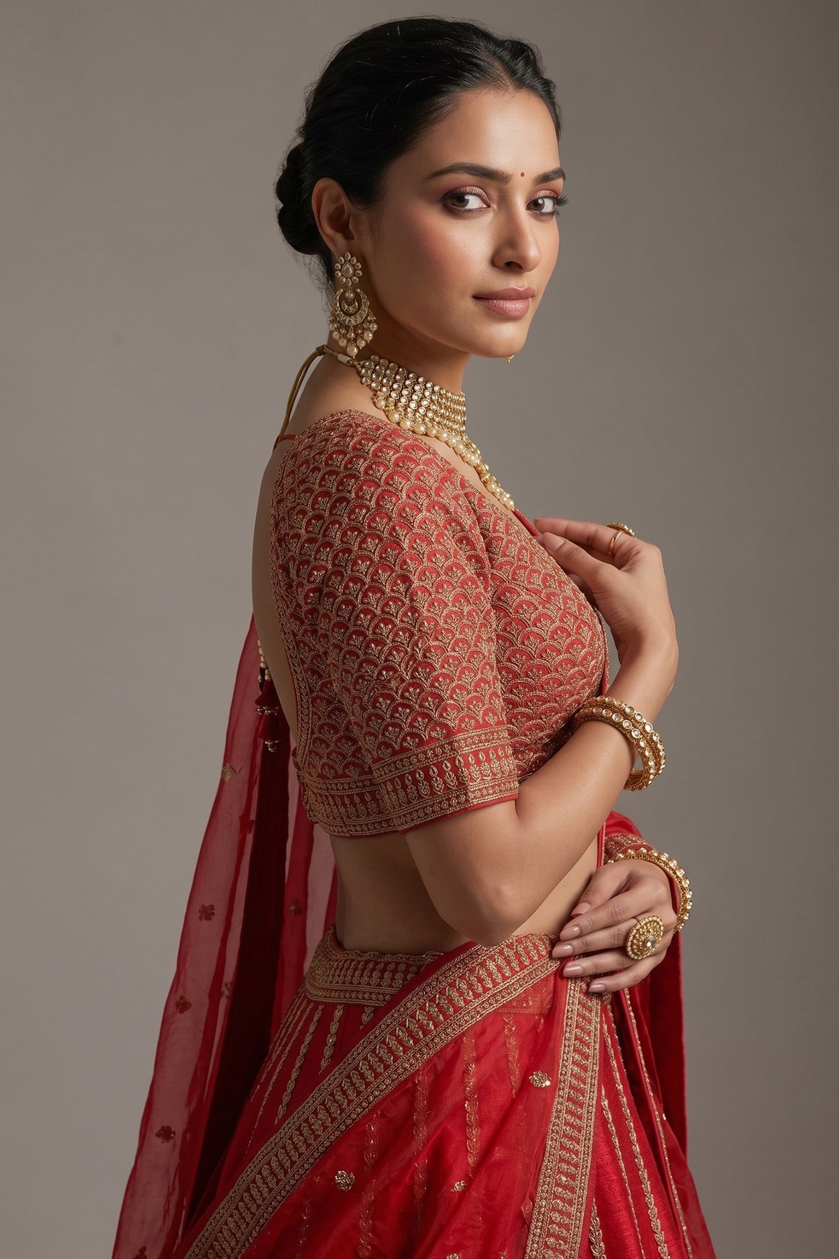 Red Silk Sequin Embroidered Bridal Lehenga - red silk saree embroidered
