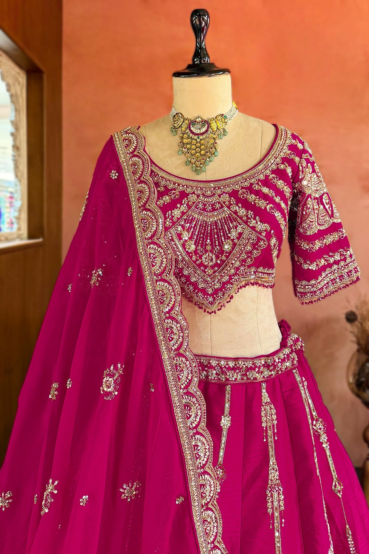 Rani Pink Raw Silk Sequin Beaded Lehenga with Double Dupatta - pink silk saree