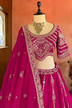 Rani Pink Raw Silk Sequin Beaded Lehenga with Double Dupatta - pink silk saree