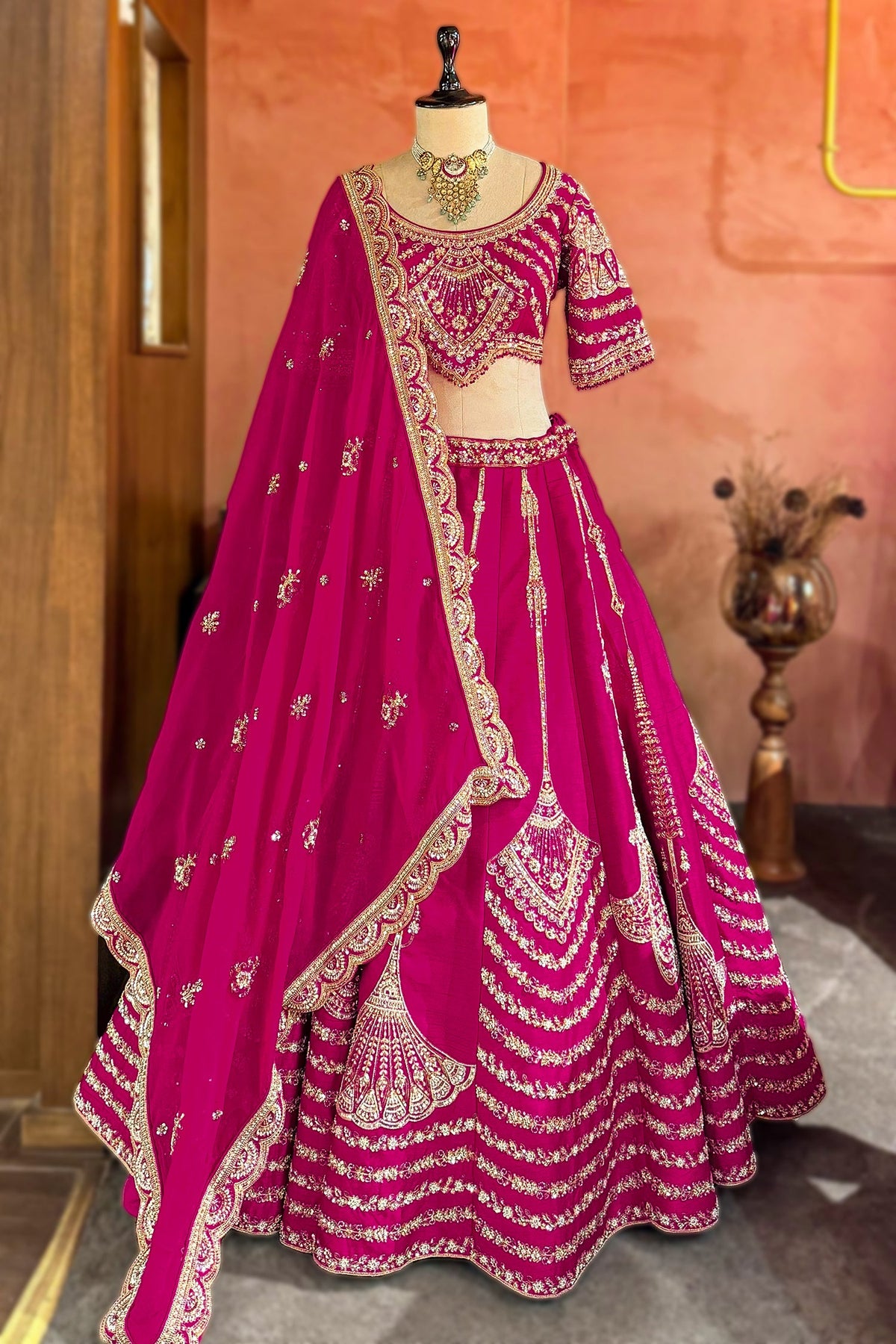 Rani Pink Raw Silk Sequin Beaded Lehenga with Double Dupatta - pink silk saree