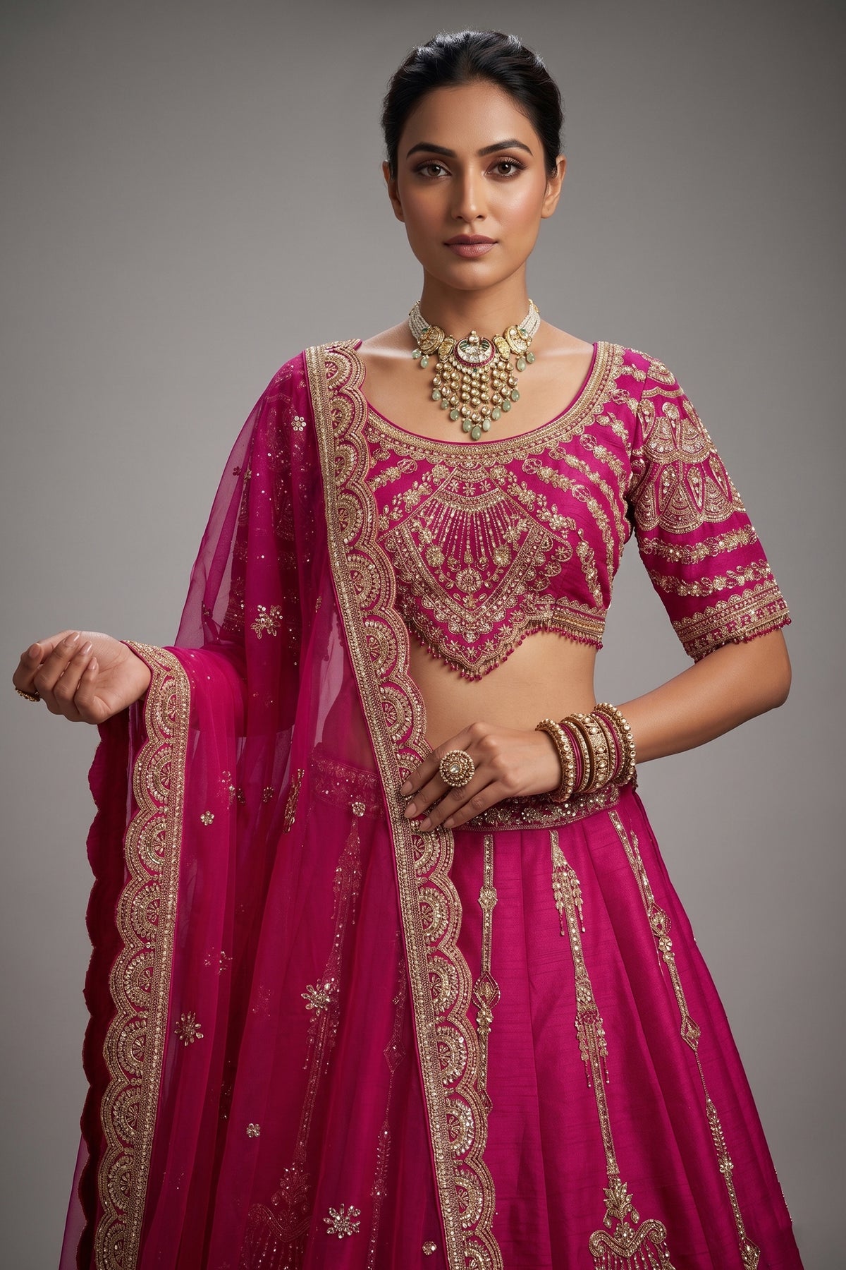 Rani Pink Raw Silk Sequin Beaded Lehenga with Double Dupatta - pink silk saree