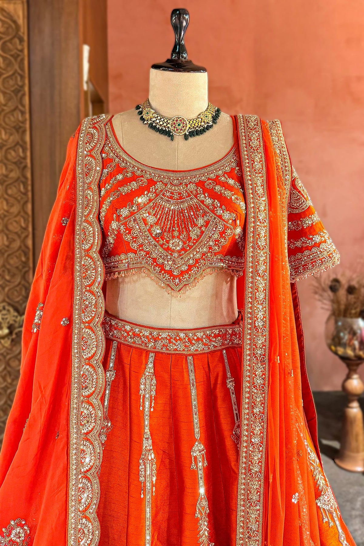 Orange Raw Silk Sequin Beaded Lehenga with Double Dupatta - orange silk saree