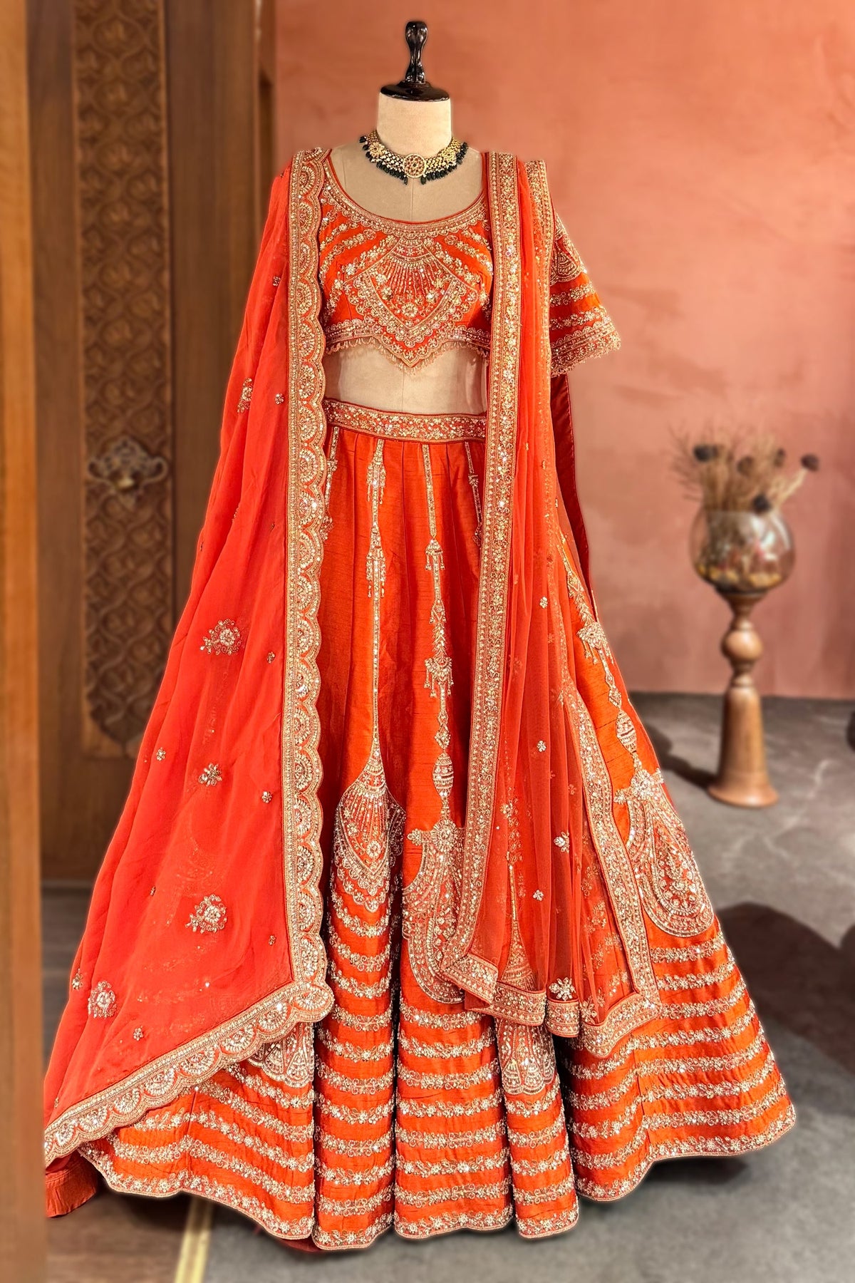 Orange Raw Silk Sequin Beaded Lehenga with Double Dupatta - orange silk saree