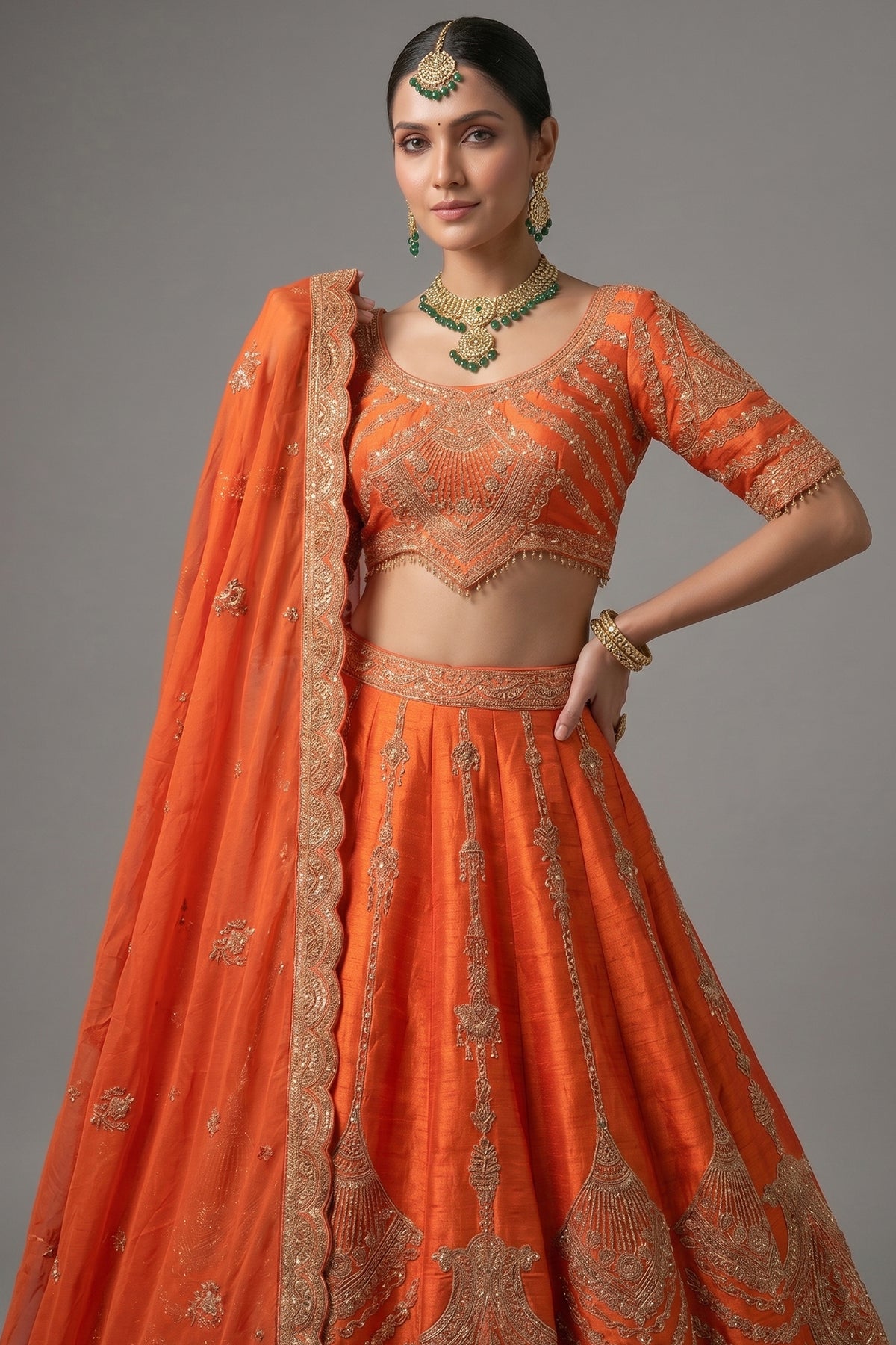 Orange Raw Silk Sequin Beaded Lehenga with Double Dupatta - orange silk saree
