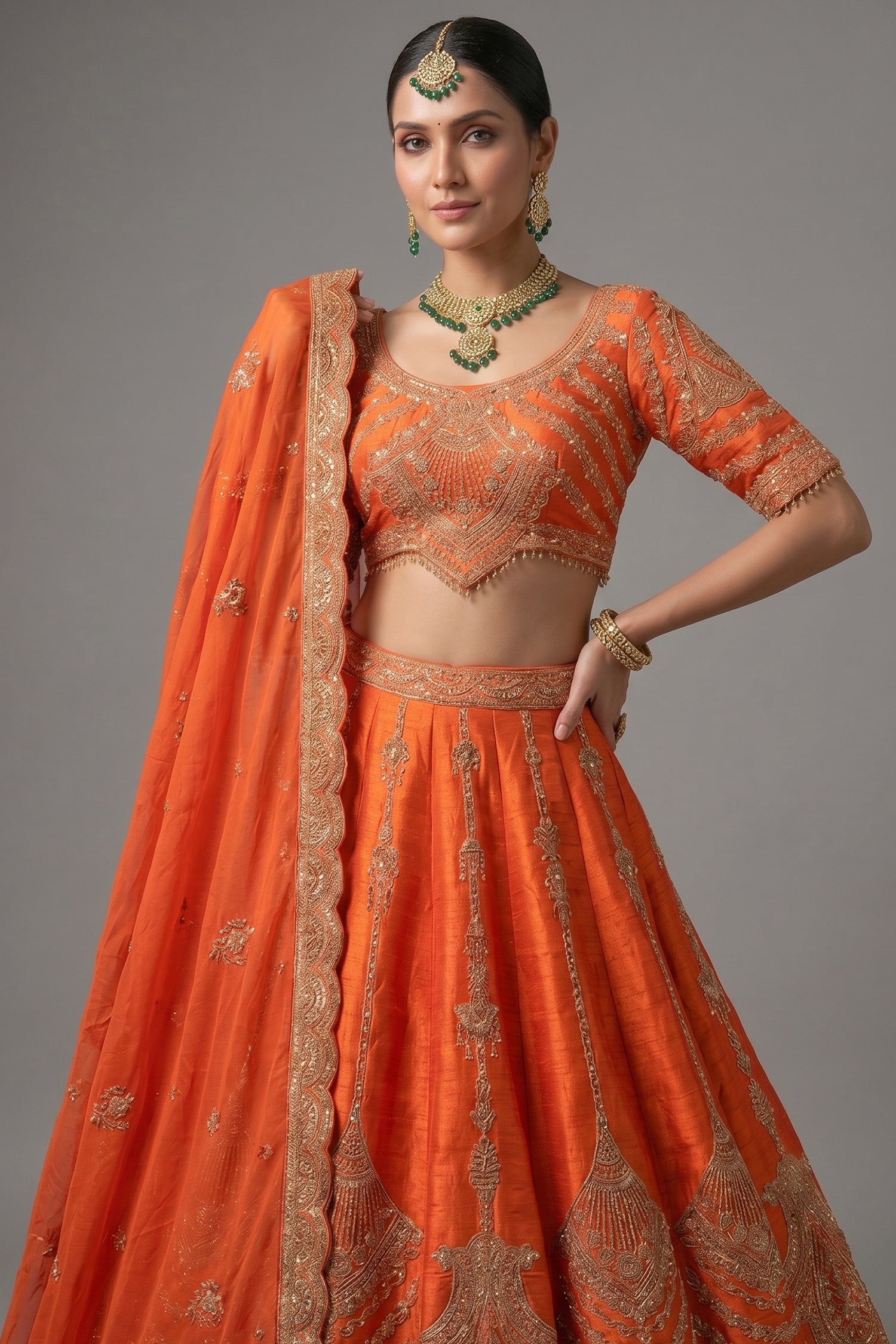 Orange Raw Silk Sequin Beaded Lehenga with Double Dupatta - orange silk saree