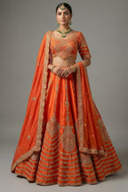 Orange Raw Silk Sequin Beaded Lehenga with Double Dupatta - orange silk saree