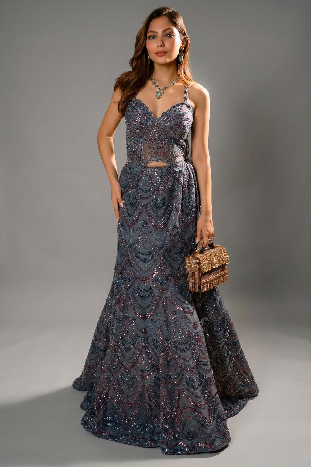 Grey Net Sequin Fish Cut Lehenga - Front View