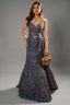 Grey Net Sequin Fish Cut Lehenga - Front View