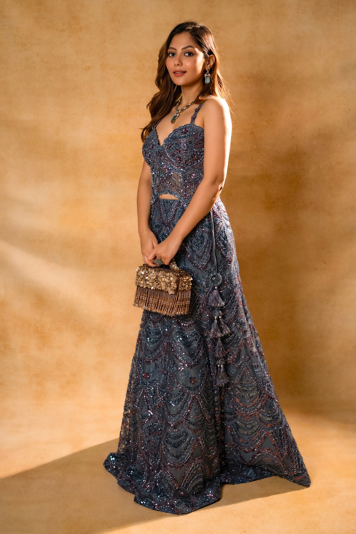 Designer Grey Net Sequin Fish Cut Lehenga for grand evening receptions and galas