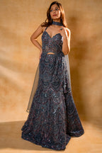 Grey Net Sequin Fish Cut Lehenga featuring a structured sweetheart neckline corset
