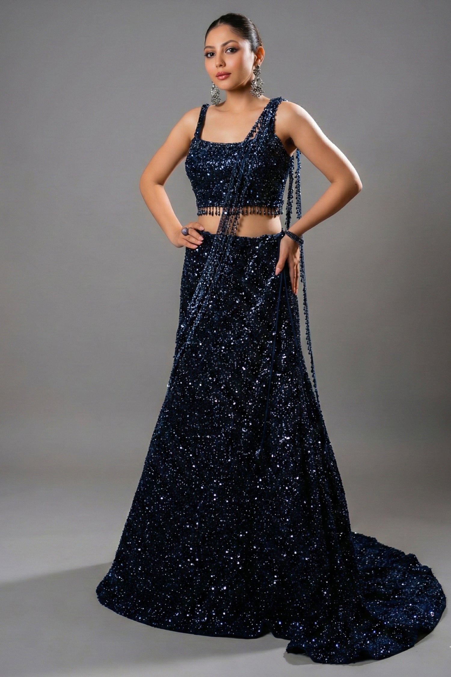 Dusty Pink Net Sequinned Fish Cut Lehenga - Front View