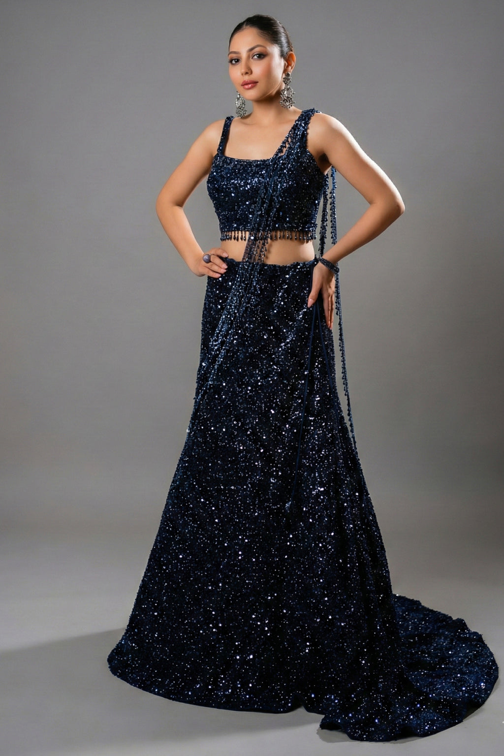 Dusty Pink Net Sequinned Fish Cut Lehenga - Front View