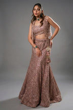 Dusty Pink Net Sequinned Fish Cut Lehenga - Front View