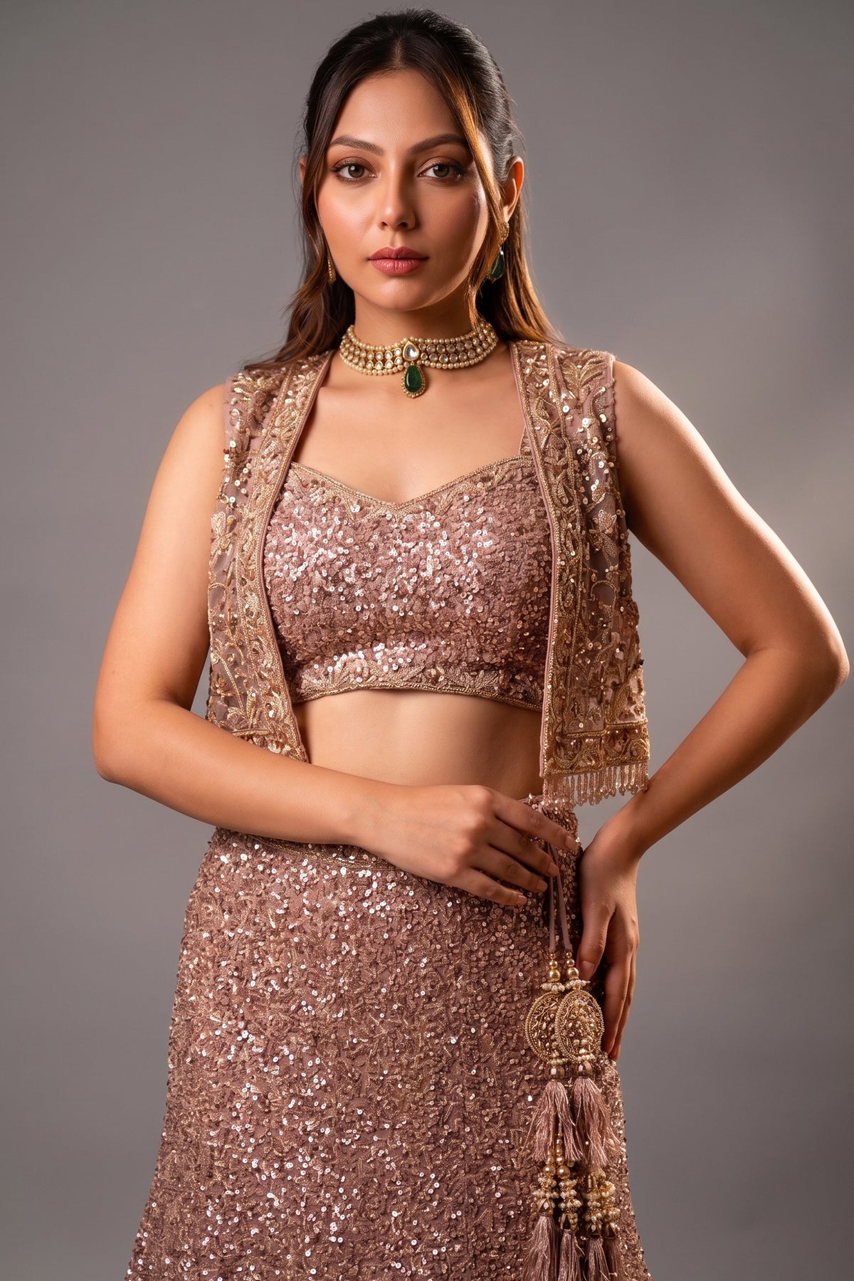 Close-up of shimmering sequins and cutdana on the Dusty Pink Net Sequinned Fish Cut Lehenga